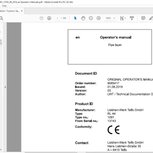 Liebherr Tractor RL44 1091 Pipe Layer Operator's Manual SN 13743 - PDF DOWNLOAD