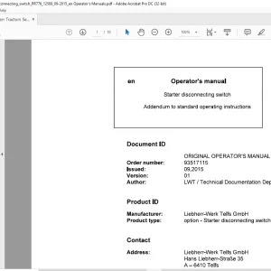Liebherr Tractor Starter disconnecting switch Operator's Manual - PDF DOWNLOAD