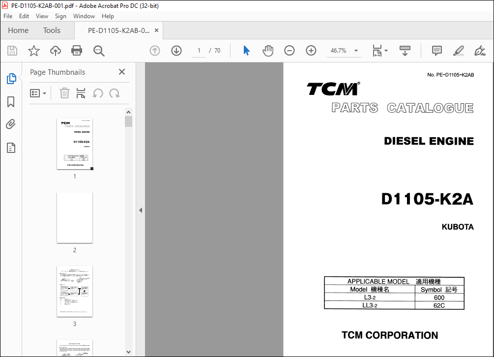 TCM Kubota D1105-K2A Diesel Engine Parts Catalogue Manual PE-D1105-K2AB ...