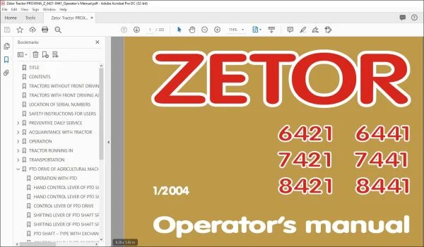 Zetor Tractor Proxima 6421 6441 7421 7441 8421 8441 Operator’s Manual ...