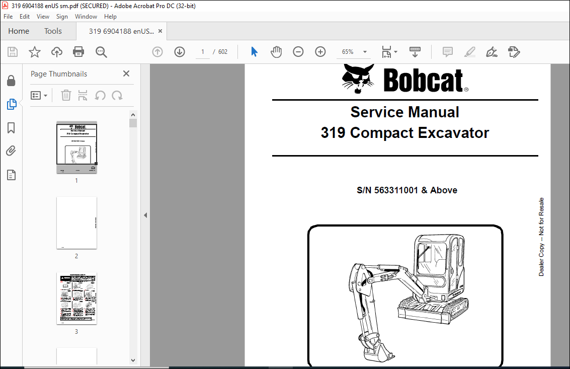 Bobcat 319 Compact Excavator Service Manual 6904188 - PDF DOWNLOAD ...