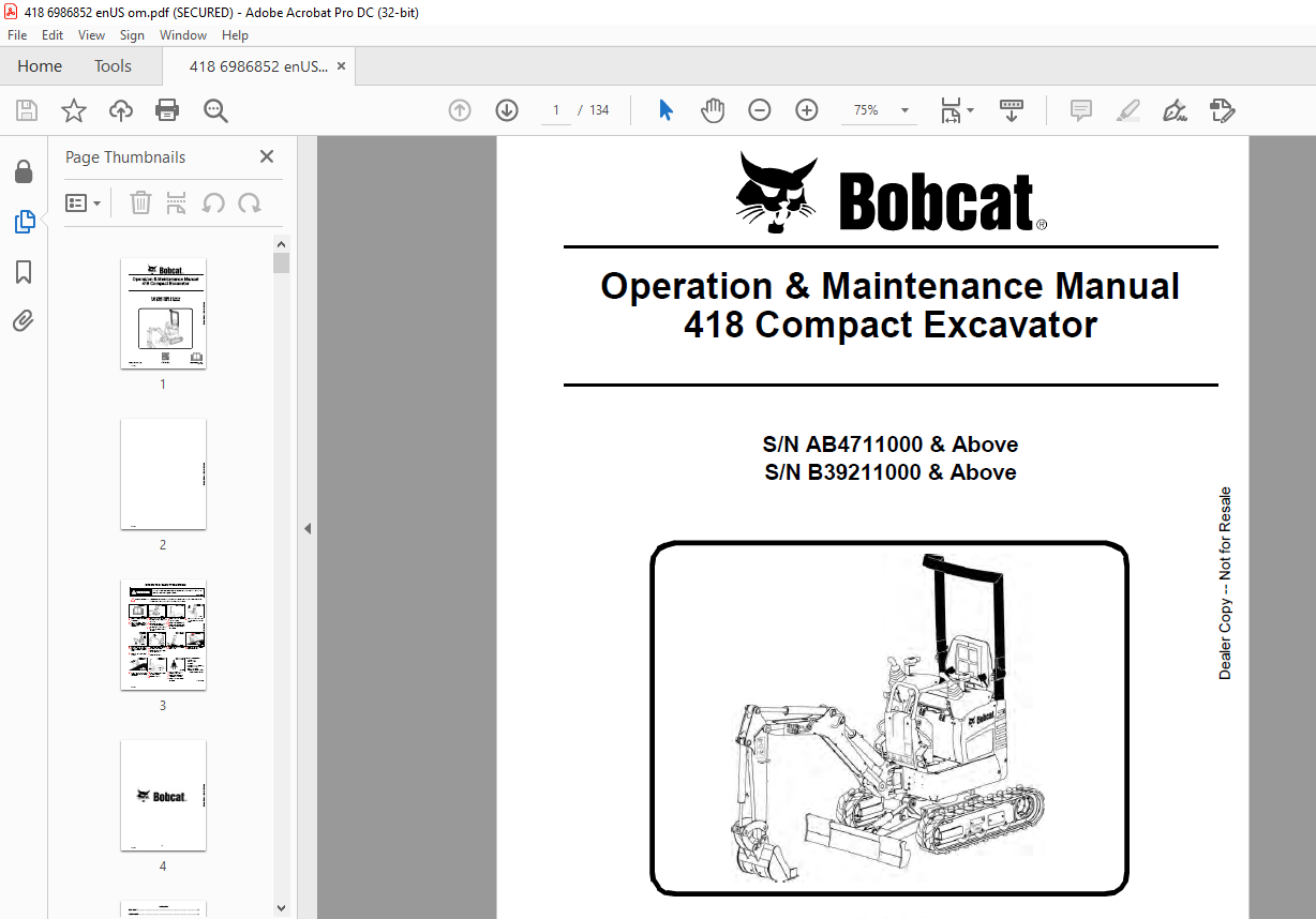 Bobcat 418 Compact Excavator Operation & Maintenance Manual 6986852 (04 ...