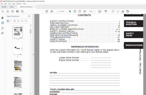 Bobcat 542B Loader Operation & Maintenance Manual SN 12001 & Above ...