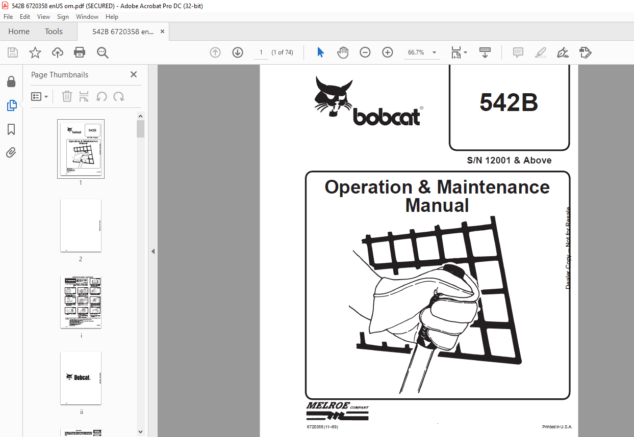 Bobcat 542B Loader Operation & Maintenance Manual SN 12001 & Above ...