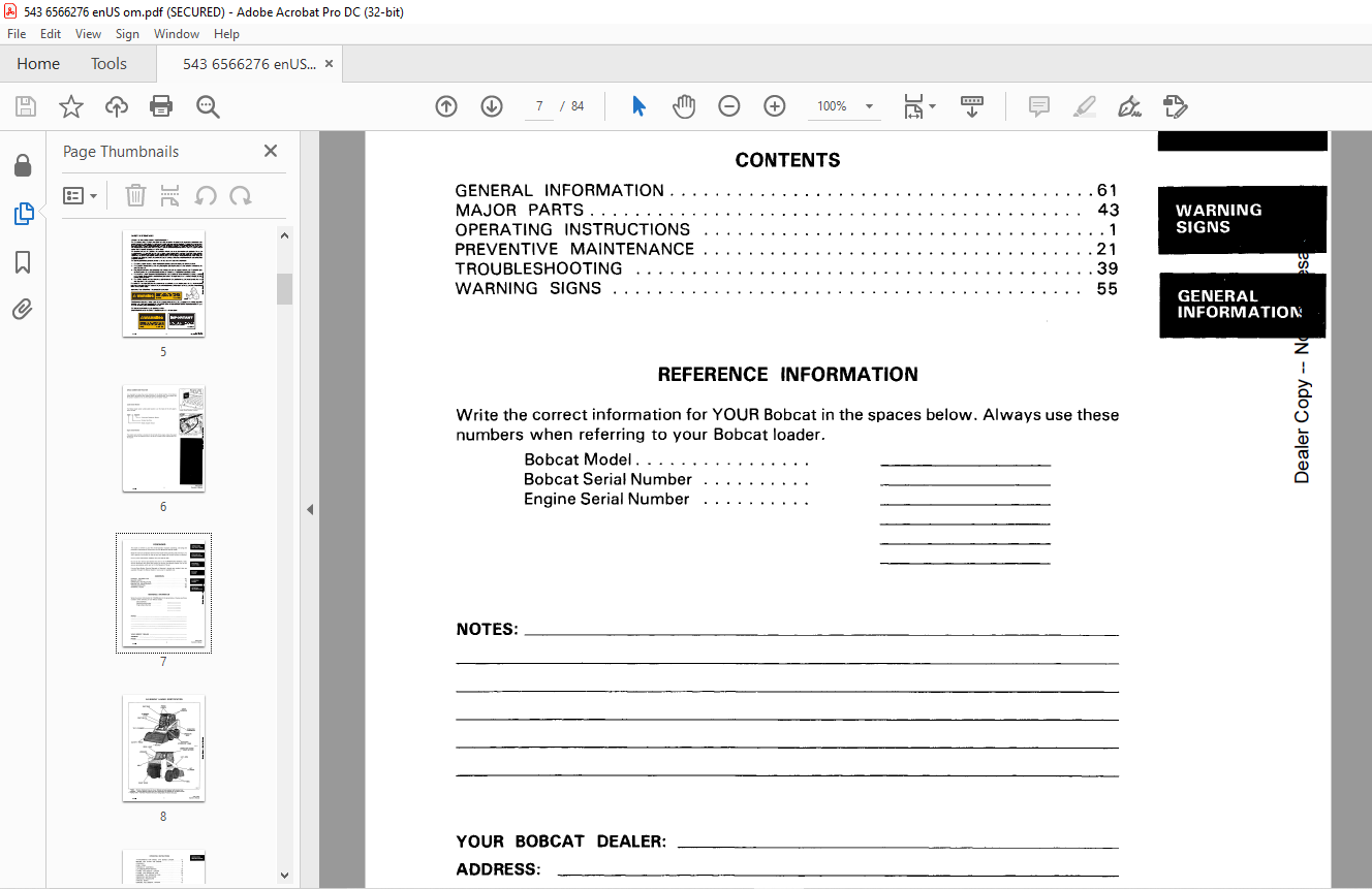 Bobcat 543 Loader Operation & Maintenance Manual SN 502412001 & Above