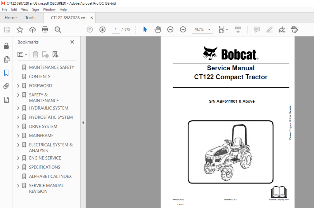 Bobcat CT122 Compact Tractor Service Manual SNABF511001 & Above - PDF