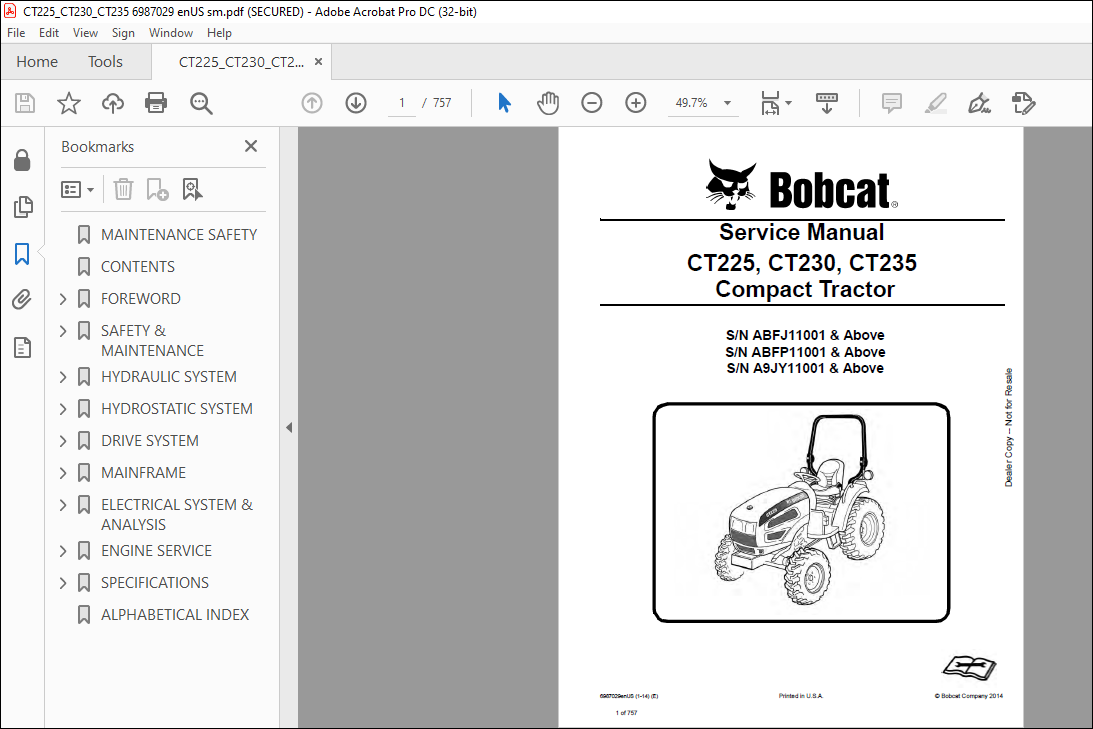 Bobcat CT225, CT230, CT235 Compact Tractor Service Manual 6987029(1-14