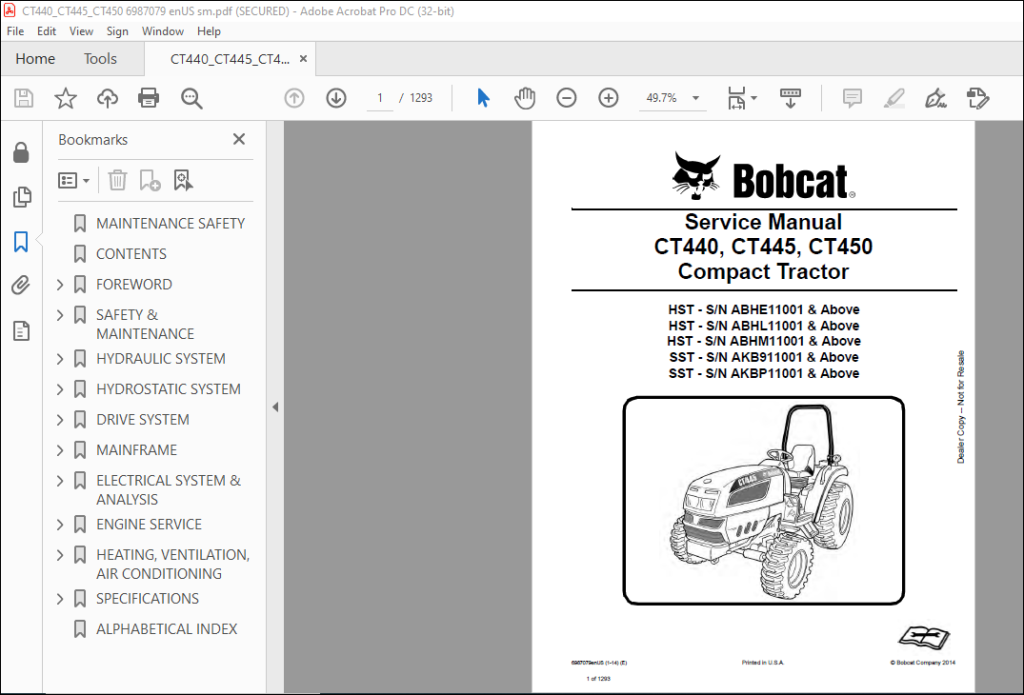 Bobcat CT440, CT445, CT450 Compact Tractor Service Manual 6987079(1-14