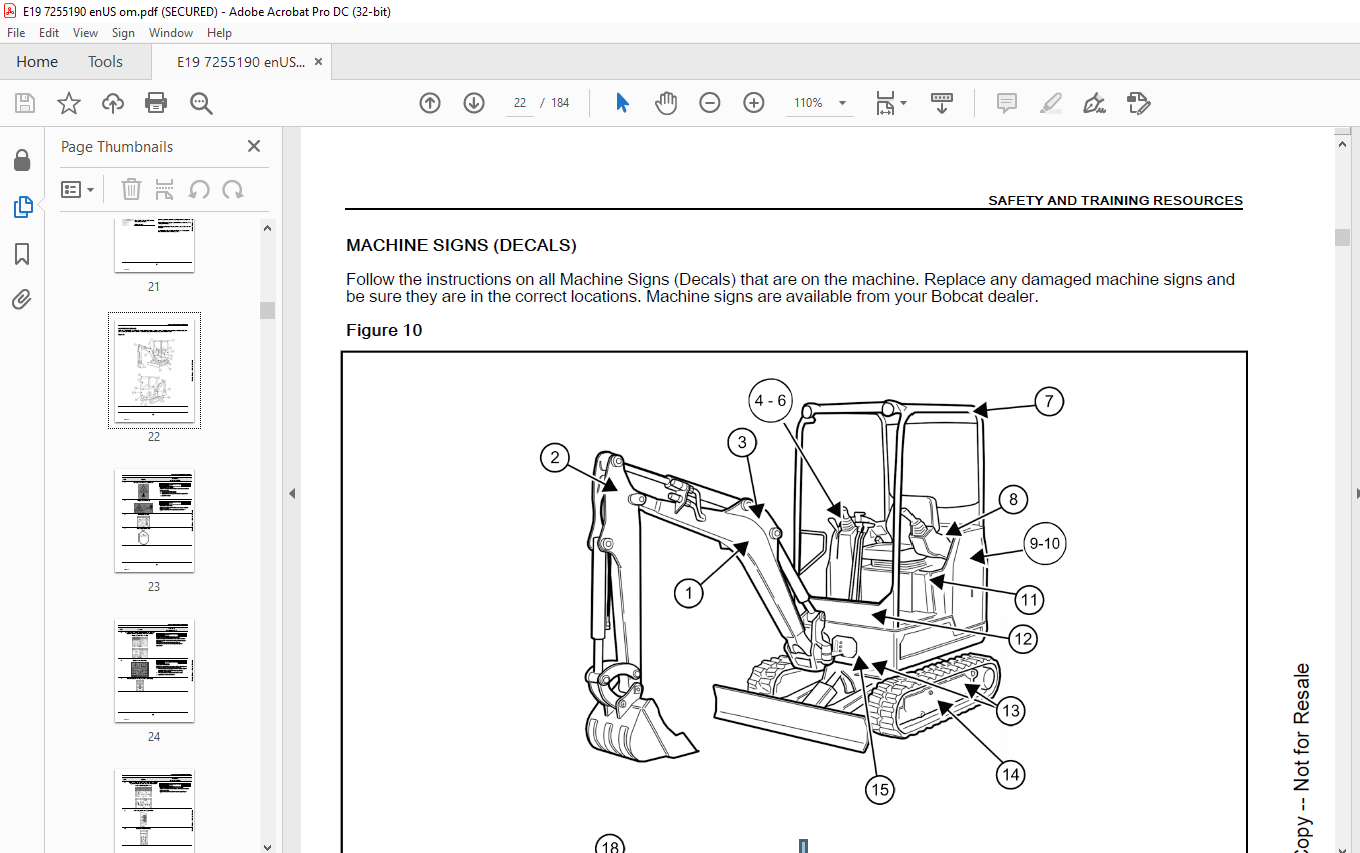 Bobcat Compact Excavator E19 Operation & Maintenance Manual 7255190 ...