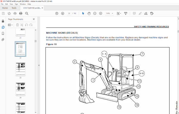 Bobcat Compact Excavator E19 Operation & Maintenance Manual 7349195 ...