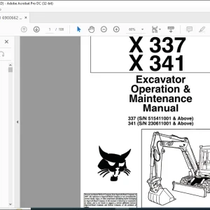 Bobcat Compact Excavator X337 X341 Operation & Maintenance Manual 6900662 -  PDF DOWNLOAD