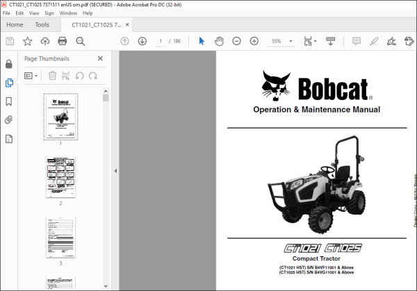 Bobcat Compact Tractor CT1021 CT1025 Operation & Maintenance Manual