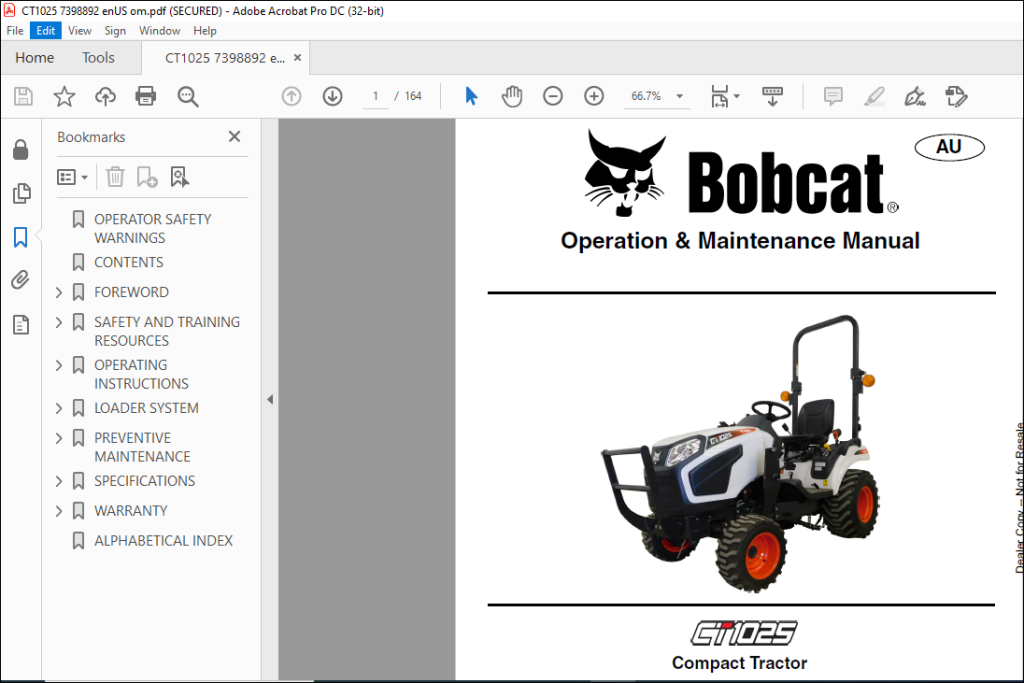 Bobcat Compact Tractor (CT1025 HST) Operation & Maintenance Manual SN