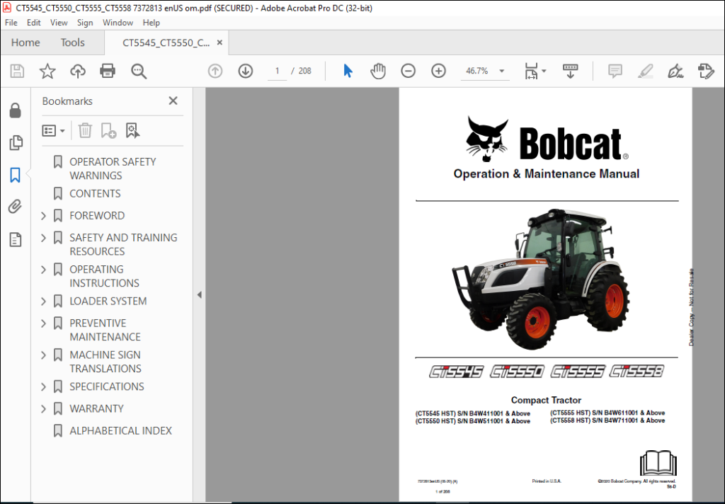 Bobcat Compact Tractor CT5545 CT5550 CT5555 CT5558 Operation