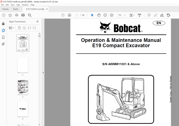 Bobcat E19 Compact Excavator Operation & Maintenance Manual SN ...