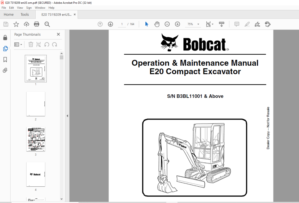 Bobcat E20 Compact Excavator Operation & Maintenance Manual SN ...