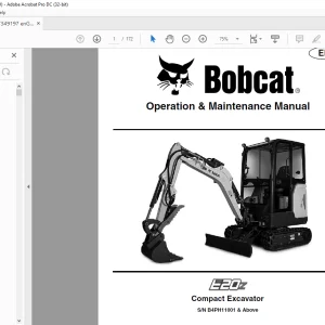 Bobcat E20z Compact Excavator Operation & Maintenance Manual SN B4PH11001 & Above -  PDF DOWNLOAD