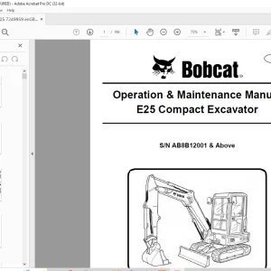 Bobcat E25 Compact Excavator Operation & Maintenance Manual SNAB8B12001 & Above  - PDF DOWNLOAD