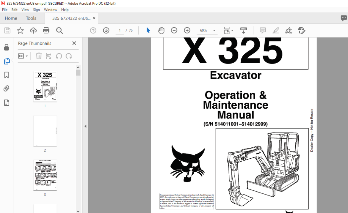 Bobcat X325 Operation & Maintenance Manual 6724322 - PDF DOWNLOAD