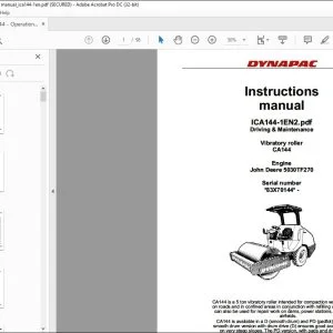 Dynapac CA144 Vibratory roller Driving & Maintenance Manual SN 83X70144 - PDF DOWNLOAD