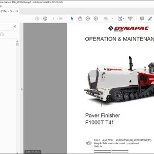 Dynapac F1000T T4f Paver Finisher Operation & Maintenance Manual - PDF DOWNLOAD