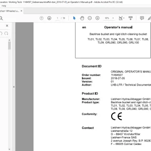 Liebherr Backhoe bucket and rigid ditch-cleaning-bucket TL01 TL02 TL03 TL04 TL05 TL06 TL07 TL08 TL09 GRL080 GRL090 GRL 100 Operator's manual - PDF DOWNLOAD