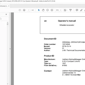 LIEBHEER WHEELED EXCAVATOR A 914 COMPACT LITRONIC OPERATOR'S MANUAL  - PDF DOWNLOAD