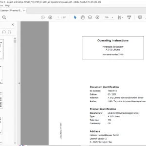 Liebherr A 312 Litronic 719 Hydraulic Excavator Operating Manual SN 37405 - PDF DOWNLOAD