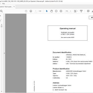 Liebherr A 900 C ZW Litronic 1030 1031 1032 Hydraulic Excavator Operating Manual SN 64850 - PDF DOWNLOAD