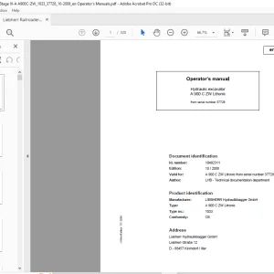 Liebherr A 900 C ZW Litronic 1033 Hydraulic Excavator Operator's Manual SN 37728 - PDF DOWNLOAD