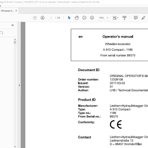 Liebherr A 910 Compact 1186 Wheeled Excavator Operator's Manual SN 89370 - PDF DOWNLOAD