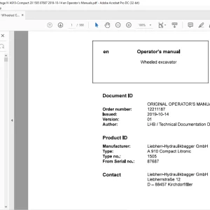 Liebherr A 910 Compact Litronic 1505 Wheeled Excavator Operator's Manual SN 87687 - PDF DOWNLOAD
