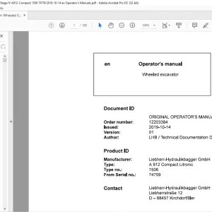 Liebherr A 912 Compact Litronic 1506 Wheeled Excavator Operator's Manual SN 74759 - PDF DOWNLOAD