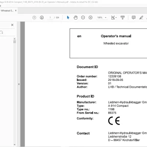 Liebherr A 914 Compact 1188 Wheeled Excavator Operator's Manual SN 89375 - PDF DOWNLOAD