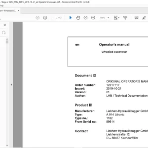 Liebherr A 914 Litronic 1182 Wheeled Excavator Operator's Manual SN 89614 - PDF DOWNLOAD
