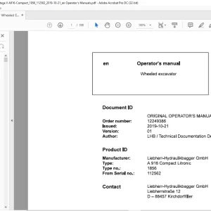 Liebherr A 916 Compact Litronic 1856 Wheeled Excavator Operator's Manual SN 112562 - PDF DOWNLOAD