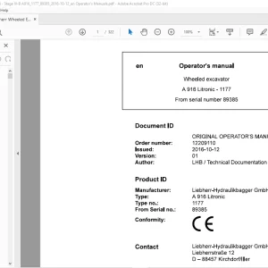 Liebherr A 916 Litronic 1177 Wheeled Excavator Operator's Manual SN 89385 - PDF DOWNLOAD