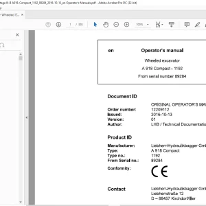 Liebherr A 918 Compact 1192 Wheeled Excavator Operator's Manual SN 89284 - PDF DOWNLOAD