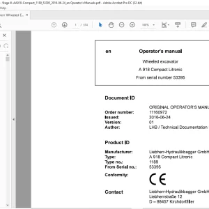 Liebherr A 918 Compact Litronic 1189 Wheeled Excavator Operator's Manual SN 53395 - PDF DOWNLOAD