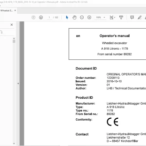 Liebherr A 918 Litronic 1178 Wheeled Excavator Operator's Manual SN 89282 - PDF DOWNLOAD