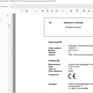 Liebherr A 920 Litronic 1179 Wheeled Excavator Operator's Manual SN 89387 - PDF DOWNLOAD