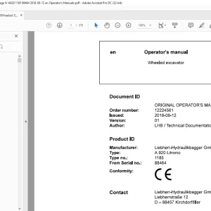 Liebherr A 920 Litronic 1185 Wheeled Excavator Operator's Manual SN 88464 - PDF DOWNLOAD