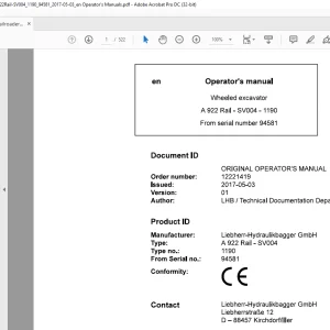 Liebherr A 922 Rail - SV004 1190 Wheeled Excavator Operator's Manual SN 94581 - PDF DOWNLOAD