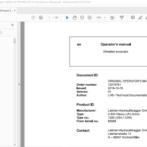 Liebherr A 924 Heavy Lift Litronic 1206 (USA / CAN) Wheeled Excavator Operator's Manual SN 89588 - PDF DOWNLOAD