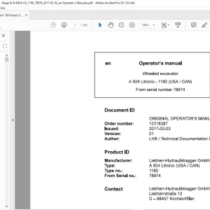 Liebherr A 924 Litronic 1180 (USA / CAN) Wheeled Excavator Operator's Manual SN 78974 - PDF DOWNLOAD