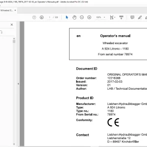 Liebherr A 924 Litronic 1180 Wheeled Excavator Operator's Manual SN 78974 - PDF DOWNLOAD