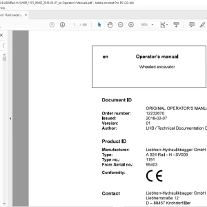 Liebherr A 924 Rail H SV009 1191 Wheeled Excavator Operator's Manual SN 95403 - PDF DOWNLOAD