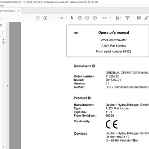 Liebherr A 924 Rail Litronic 1191 Wheeled Excavator Operator's Manual SN 69328 - PDF DOWNLOAD