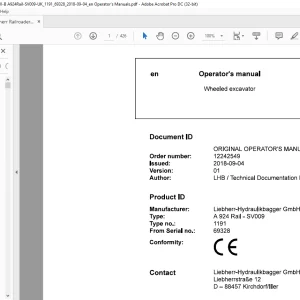 Liebherr A 924 Rail - SV009 1191 Wheeled Excavator Operator's Manual SN 69328 - PDF DOWNLOAD