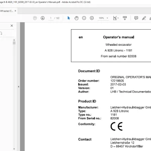 Liebherr A 928 Litronic 1181 Wheeled Excavator Operator's Manual SN 82008 - PDF DOWNLOAD